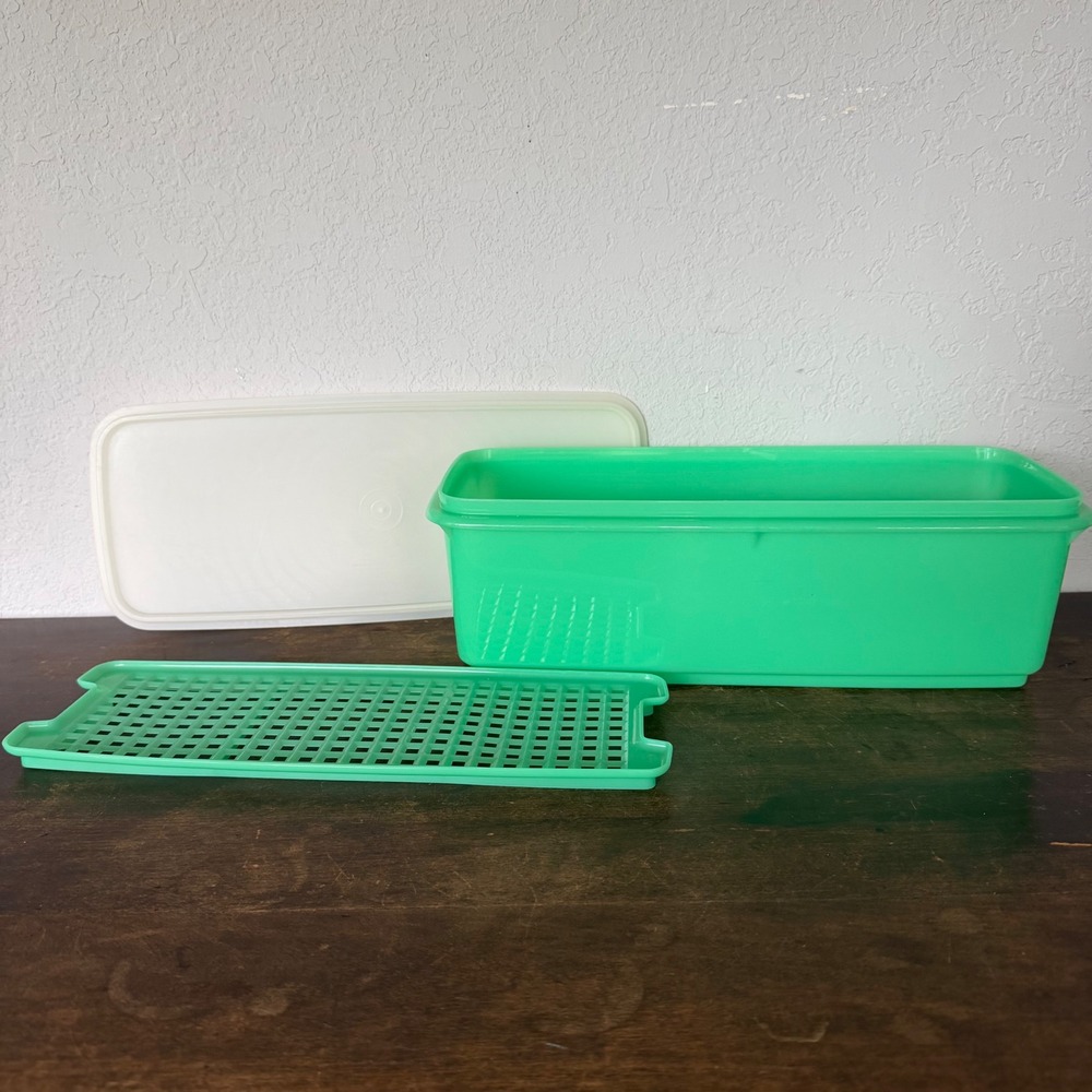 VTG Tupperware Celery Vegetable Keeper #782-8 3 Piece Set Green Jadeite Retro